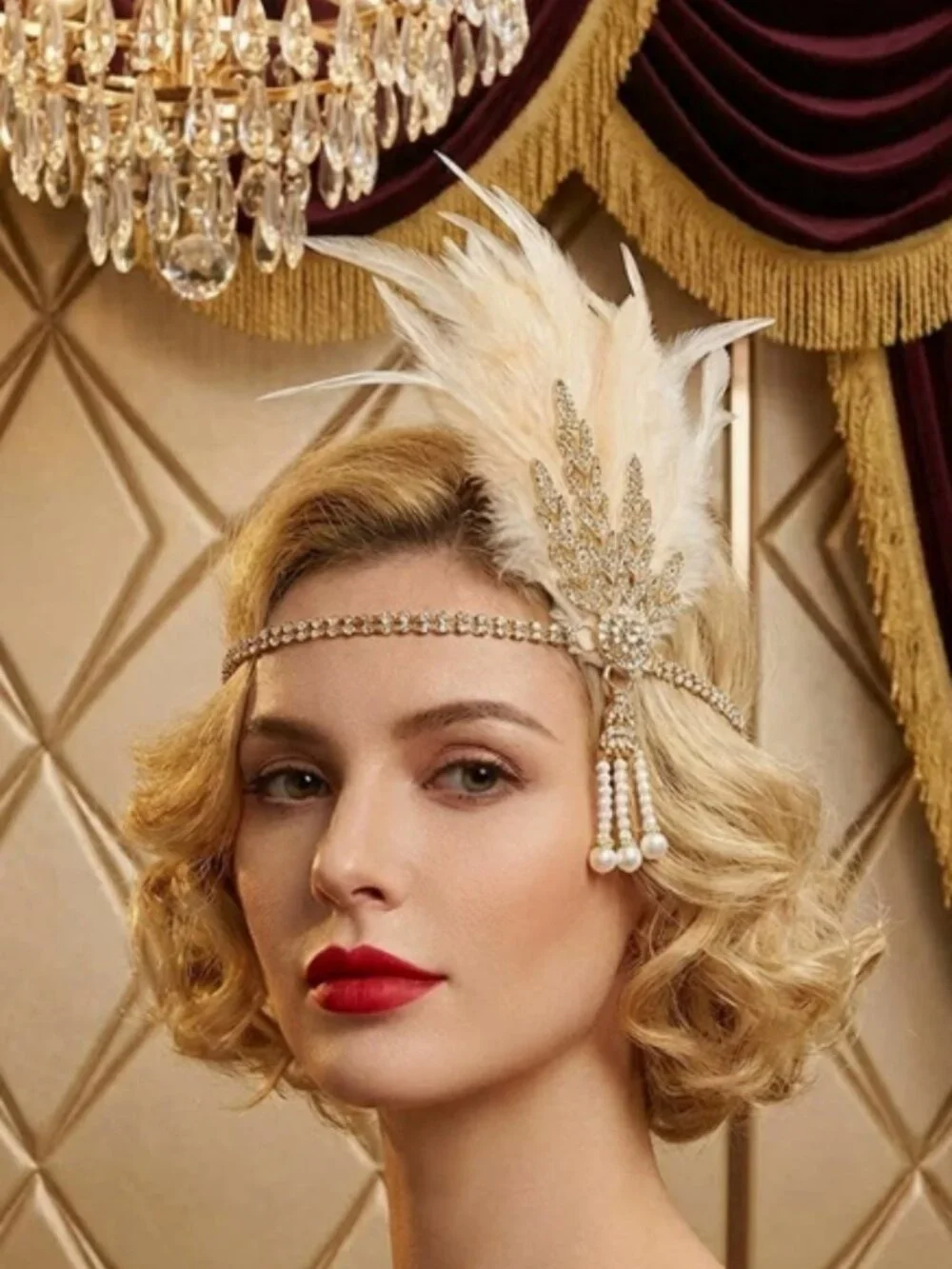 1920s Gatsby Flapper Headband Champagne Feather Rhinestone Pearl